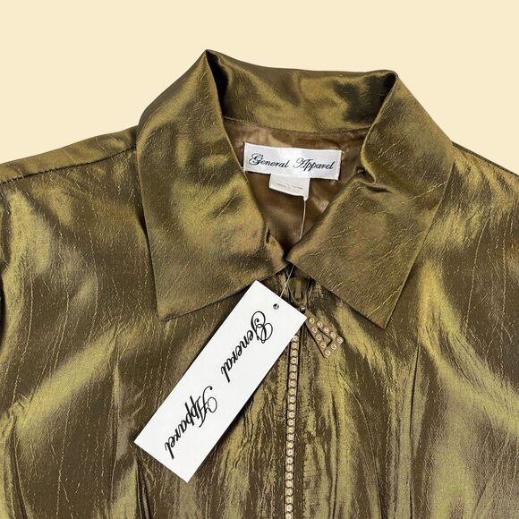 1990s L olive green rhinestone jacket by General Apparel, vintage crinkle jacket - Picture 6 of 8
